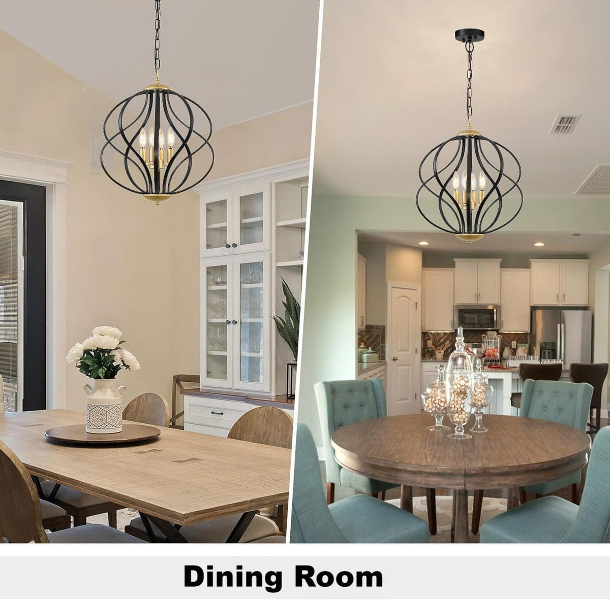 Modern Black and Gold Chandelier for Dining Room, 4 Lights Geometric Chandeliers, Sphere Chandelier Industrial Large Pendant Light Fixtures Hanging for Kitchen, Entryway, Foyer, Stairs