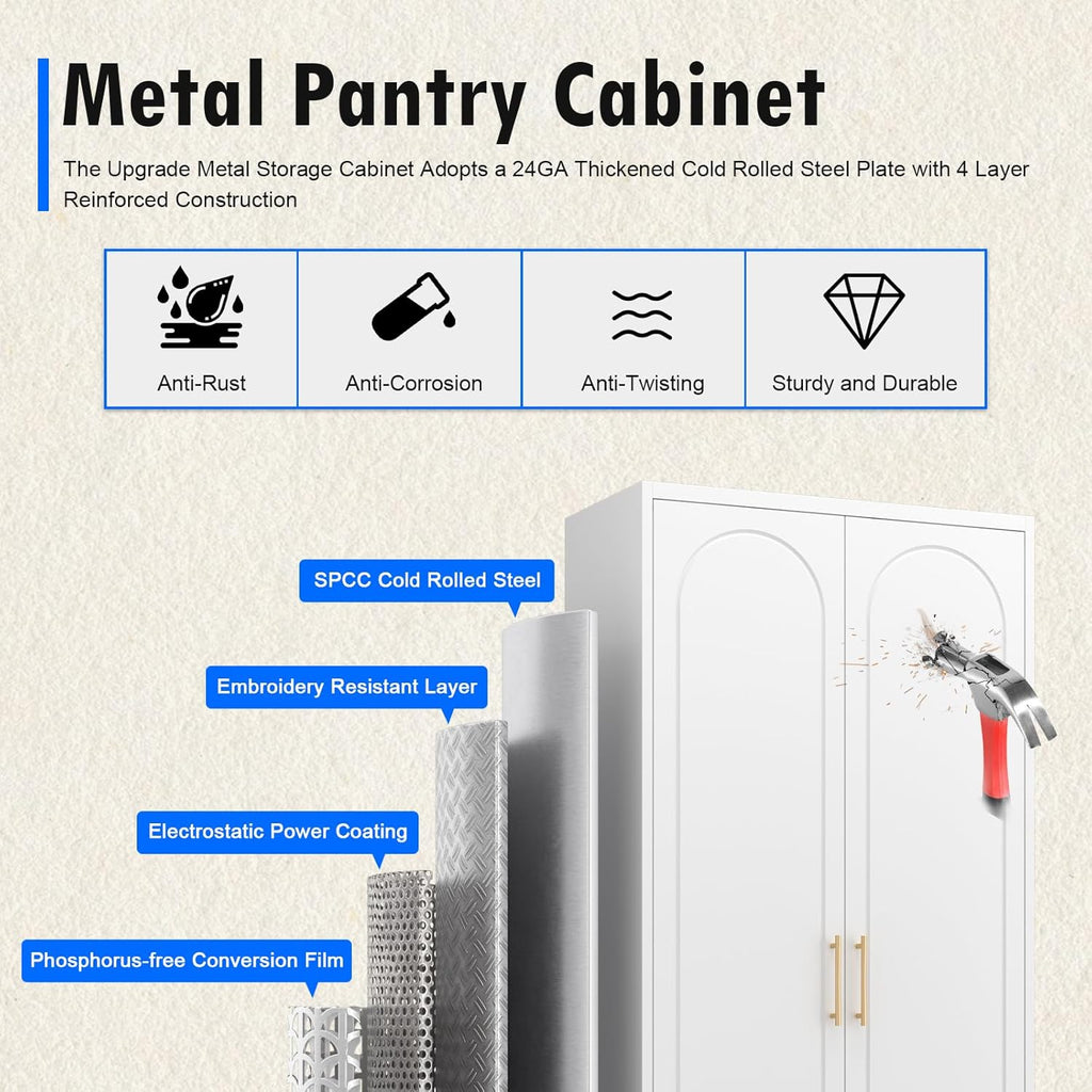 Metal Storage Cabinet with Doors and Shelves, 75 Inch Tall Kitchen Pantry Cabinet, Pantry Cabinets for Kitchen Storage, Freestanding Cupboard for Living, Dining Room, White, Assembly Required