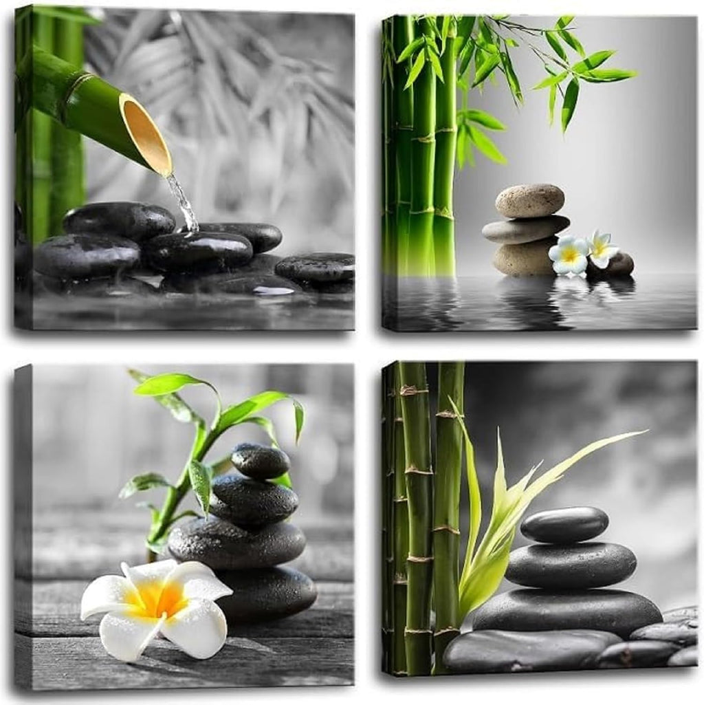 Bamdeya Zen Bathroom Decor Black and White Wall Art Grey Green Room Decor Stone Bamboo Pictures Canvas Meditation Posters Prints Artwork Bedroom Wall Decor Living Room Kitchen Decorations