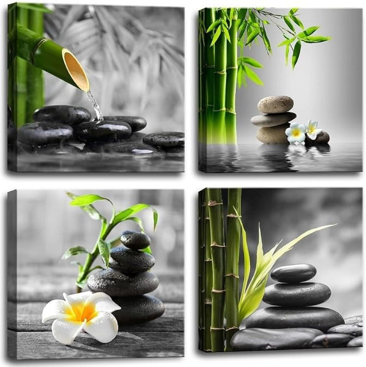 Bamdeya Zen Bathroom Decor Black and White Wall Art Grey Green Room Decor Stone Bamboo Pictures Canvas Meditation Posters Prints Artwork Bedroom Wall Decor Living Room Kitchen Decorations