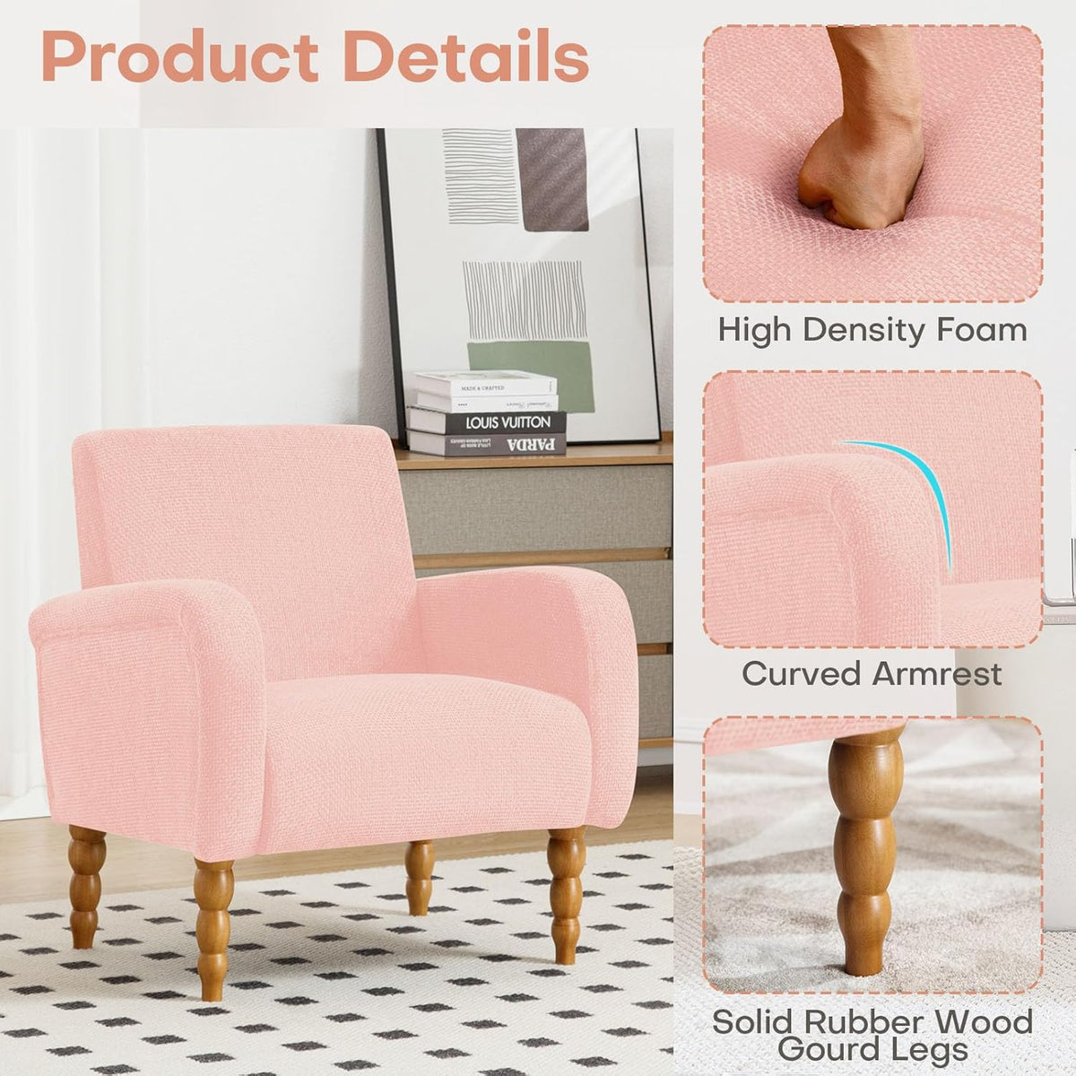 Chenille Fabric Accent Chair, Upholstered Armchair with Solid Wood Legs, Modern Living Room Accent Chair, Comfy Single Sofa Chair Reading Club Chair for Bedroom Reception Lounge, Pink