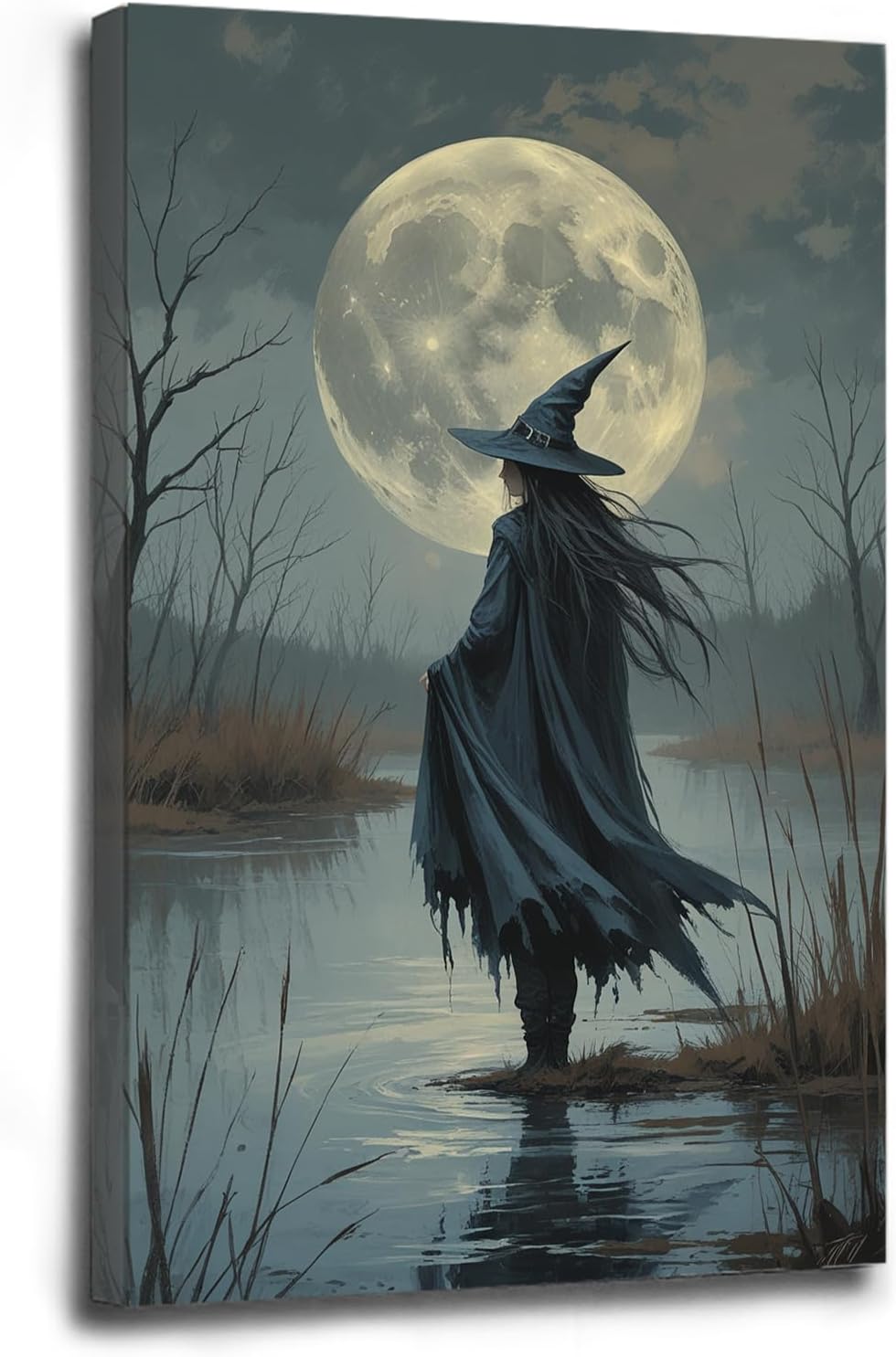 Witch in the moonlight magic canvas wall art enchanting Halloween home decor swamp witch silhouette oil painting mysterious gothic aesthetic wall decor print poster24x36in Wood Framed