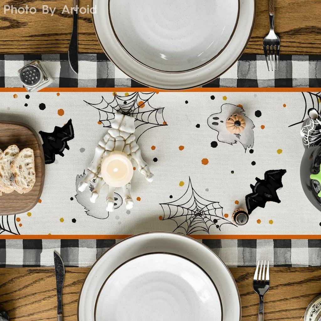 Artoid Mode Buffalo Plaid Gnome Bat Pumpkin Ghost Halloween Table Runner, Sensonal Kitchen Dining Table Decor for Home Party 13x48 Inch