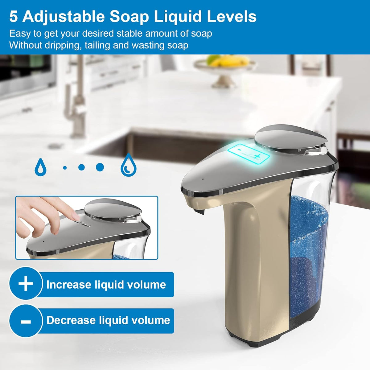 Automatic Soap Dispenser, Touchless Dish soap Dispenser 17oz/500ml with Upgraded Infrared Sensor, 5 Adjustable Soap Dispensing Levels, Liquid Hand soap Dispenser for Bathroom & Kitchen