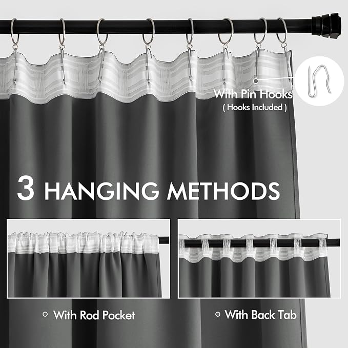 MIULEE Grey Back Tab Blackout Curtains 52x84 Inch Length 2 Panels Set | Rod - Image 3