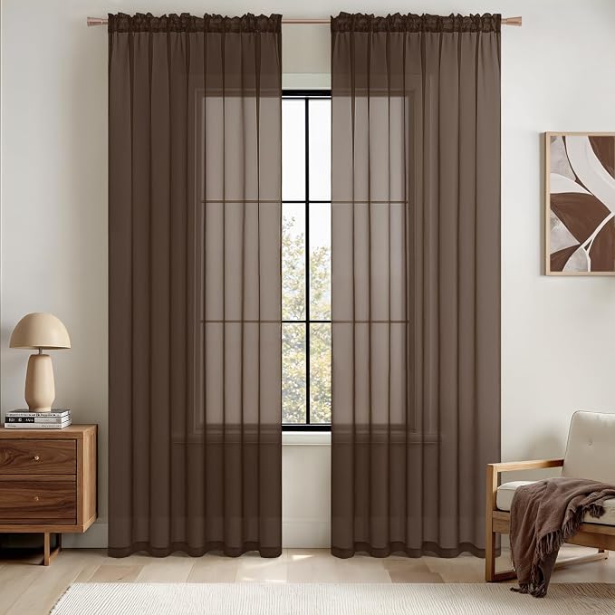 MIULEE Chocolate Brown Sheer Curtains 54 X 108 Inches, 2 Panels | Voile Drapes by MIULEE