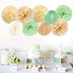 Sage Green-Boho Party-Decorations Paper-Flowers Lanterns - 15PCS Safari Rustic Neutral Baby Shower Tissue Pom Poms Streamers, Champagne Gold Birthday Wedding Graduation Hanging Supplies Decor Hugfond