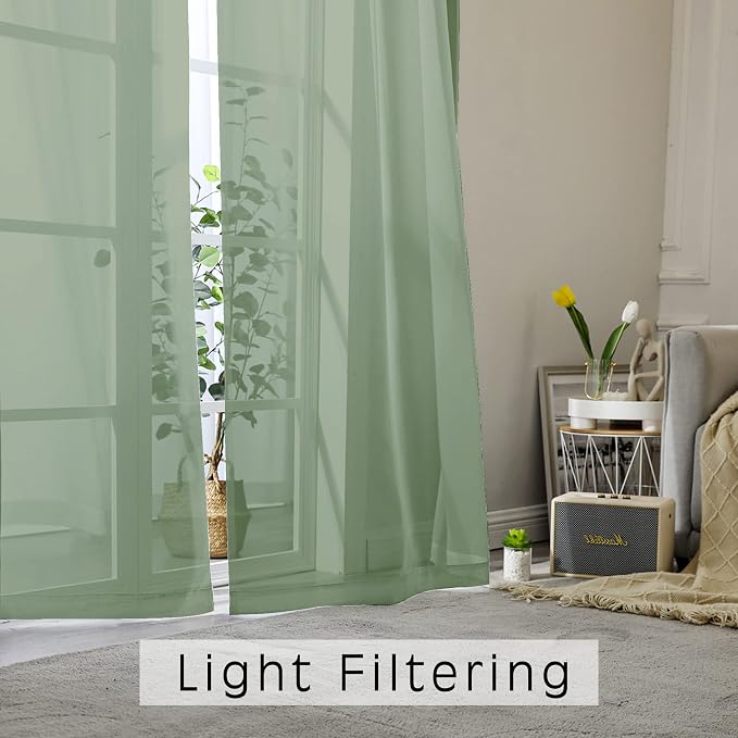 Sage Green Sheer Curtains 72 Inches Long 2 Panels Set, Transparent Voile Sheer - Image 2