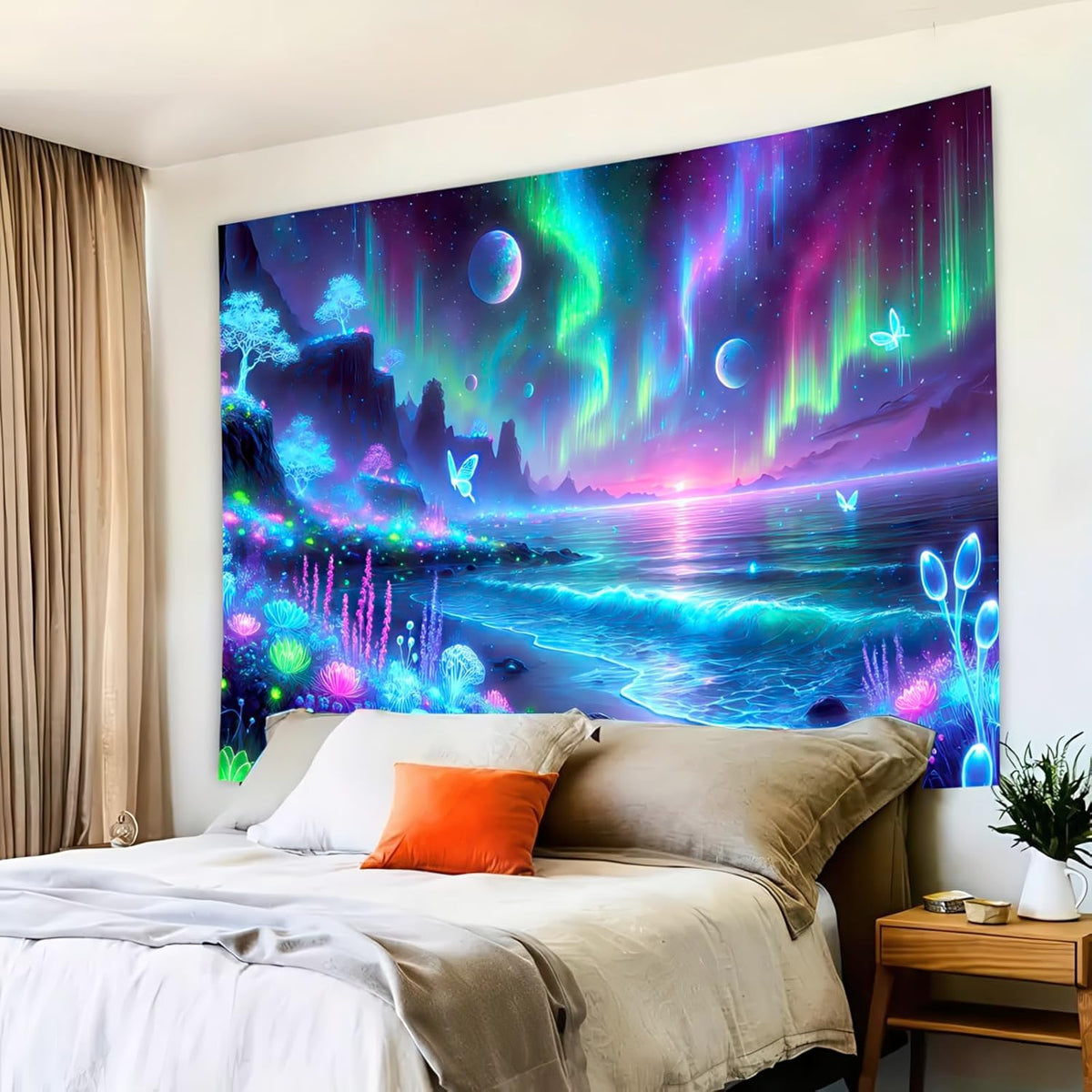 BlissYard Blacklight Fantasy Forest Tapestry UV Reactive Moon Tapestry Floral Plant Jungle TapestryButterfly Galaxy Space Tapestry Nature Landscape Wall Hanging for Bedroom Living Room 51" X 78"