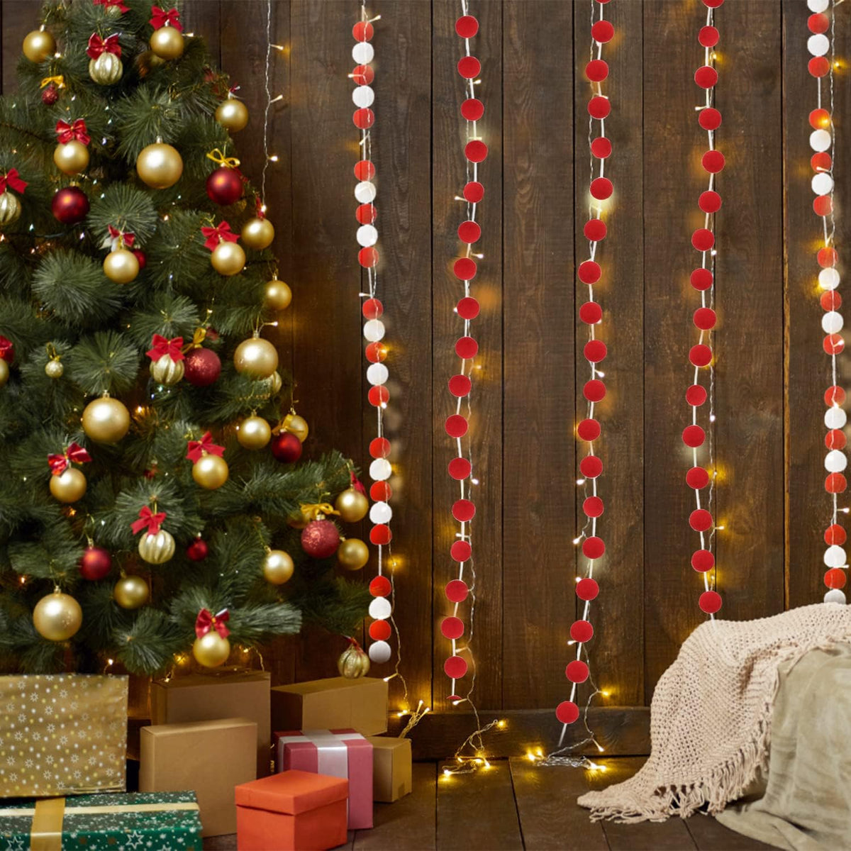 Jishi 3Pk Red Felt Berry Pom Pom Ball Garland Christmas Decorations Indoor Home Decor, Cute Red Berry Christmas Tree Ornaments, String of Pompom Bead Garland Hanging Xmas Holiday Birthday Party Banner