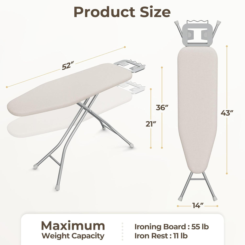 Yaheetech Foldable Ironing Board, Heavy Duty Iron Board with 9 Adjustable Heights, 4 Layer Cover and Safety Iron Rest, 52X14 Compact and Space Save Iron Board for Home Laundry Room Use, Beige