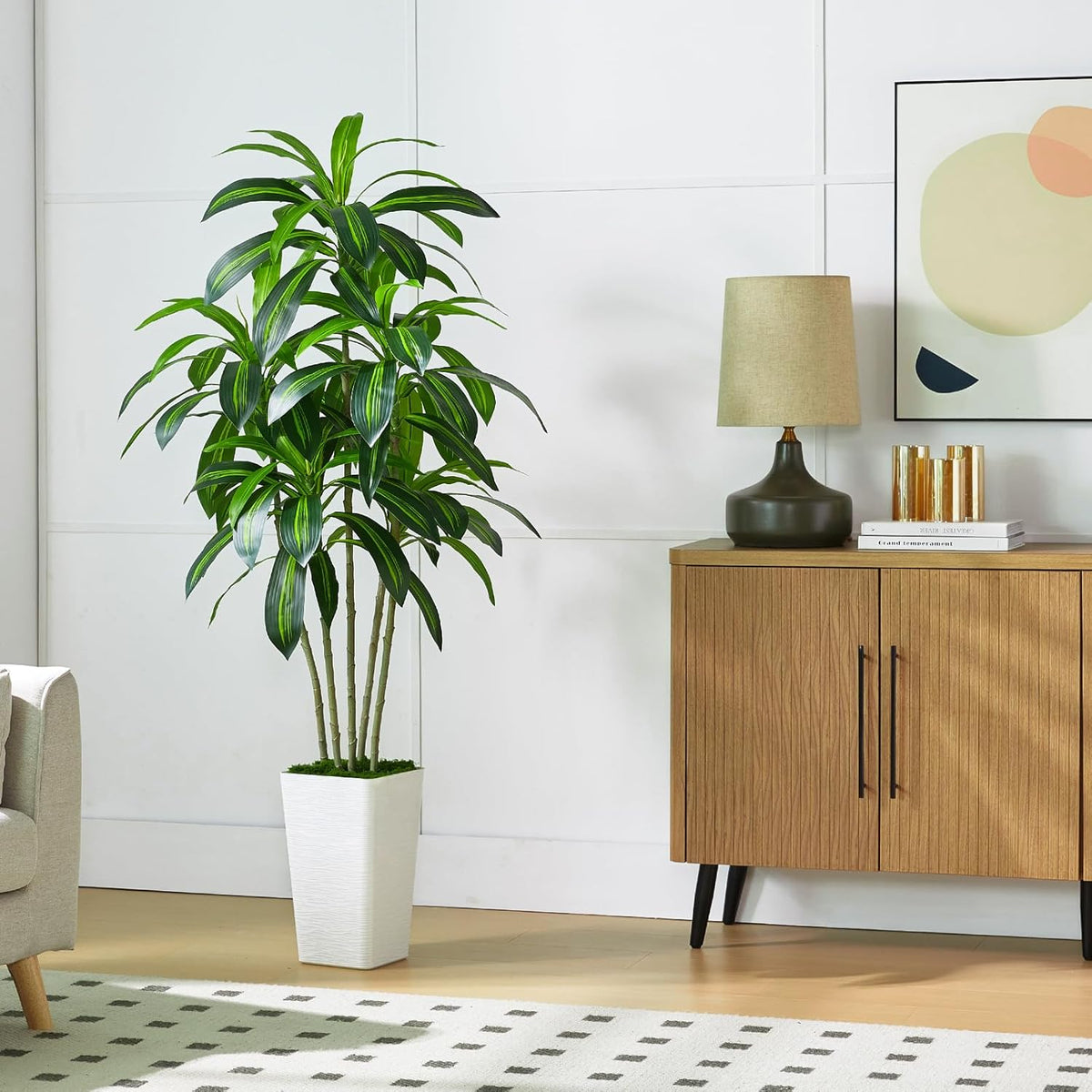 Artificial Dracaena Tree Artificial Silk Tree Faux Tree with White Tall Planter Fake Tropical Yucca Floor Plant (1, White Tall Planter, 5 FT)