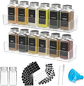 PMMASTO Adhesive Acrylic Spice Rack Organizer with 12 Empty Square Spice Jars, 238 Spice Labels with Chalk Marker and Funnel Complete Set for Kitchen Cabinet/Pantry Door (Clear - 2 Pack)