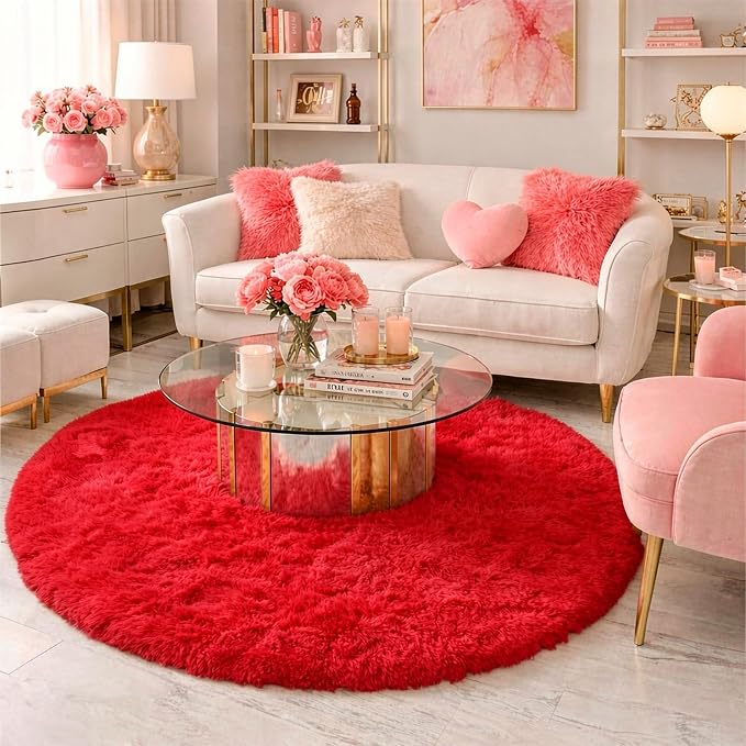 Amdrebio Red Shag Big Round Area Rug 6Ft - Image 3