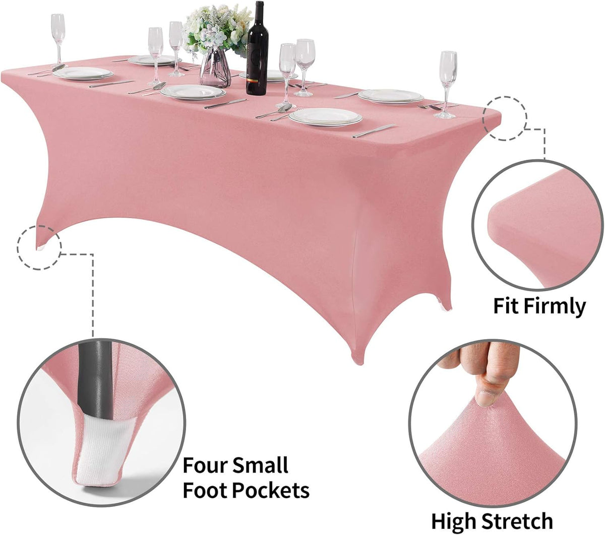 2Pack Spandex Table Cover for 6Ft or 4fT or 8ft Table Universal Fitted Stretch Tablecloth for Party, Banquet, Wedding and Events-Dusty Pink