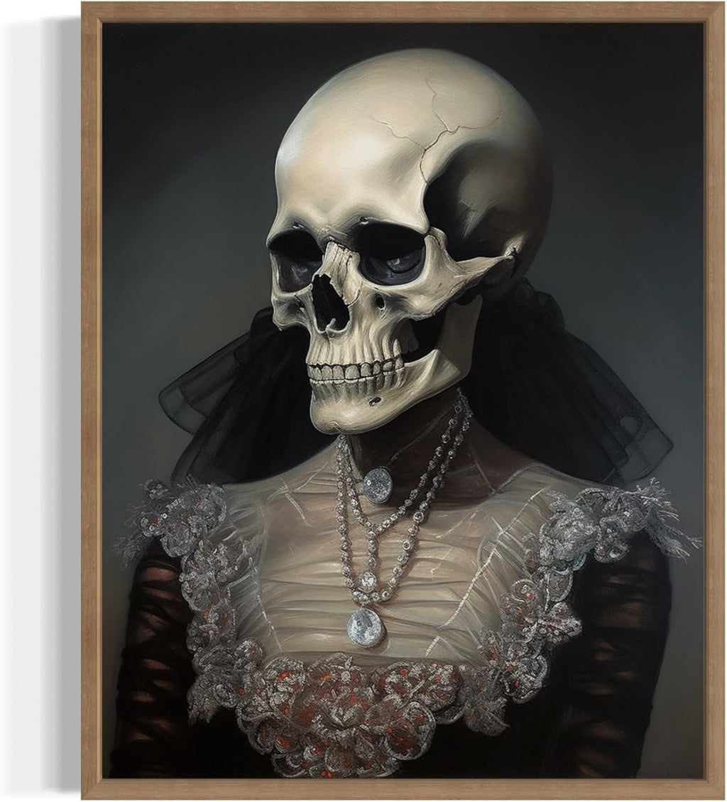 Female Skull Poster Art Print, Halloween Scary Vintage Wall Art Academia Spooky Painting Decoration for Horror Prints, Gothic Posters Bedroom Decor 89 (Female Skull, 16 x 20 inches, Wood Frame)