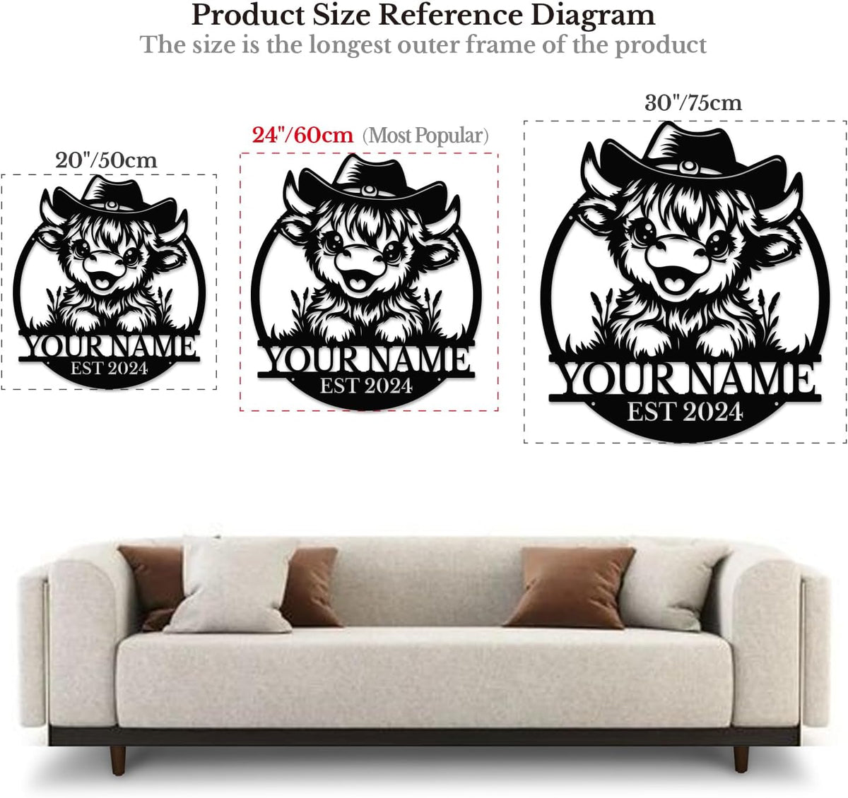 Personalized Highland Cow Name metal Signs,Custom Highland Cow Metal Shed Wall Decor,Black Metal Wall Art Plaques Outdoor wall Decorative Signage (Style A)