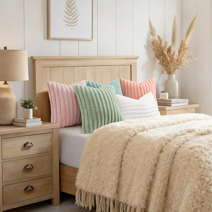 decorUhome Fall Faux Fur Throw Pillow Covers 18x18 Set of 2 Pink | Decorative - Image 8