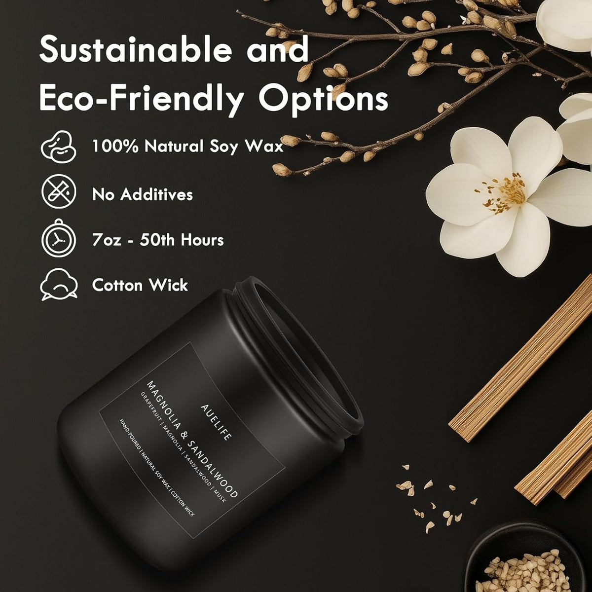 Magnolia & Sandalwood Candle | Masculine Candle - Candles for Men, Soy Candles for Home Scented, Manly Scented Decor for Home - Gifts for Men, 7oz Black Jar, Long Lasting