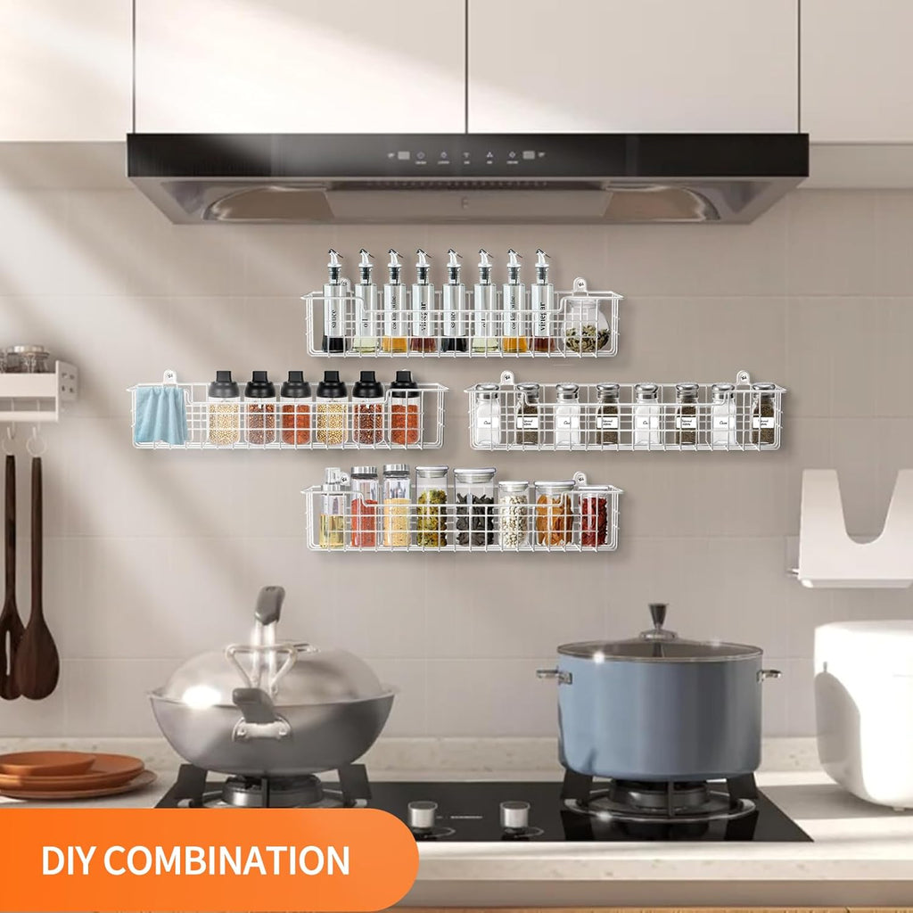 Spice Rack, 4-Pack Seasoning Organizer Wall Mount for Kitchen Storage Organization, Spice Holder Metal Shelf Saving Space for Cabinet, RV, Pantry, White