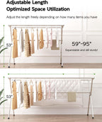 Clothes Drying Rack 95 Inches Folding Outdoor Indoor, Drying Rack Clothing Collapsible, Foldable Laundry Drying Rack, Heavy Duty Stainless Steel Clothesline, 20 Hooks 12 Clips