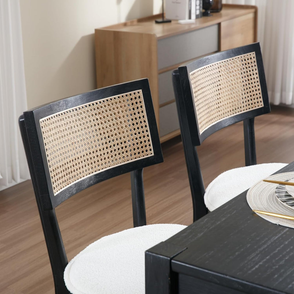 Rattan Dining Chairs Set Of 4 , Mid Century Modern Black Wooden Cane Back Chairs with Removable Sherpa Cushion , Retro Farmhouse Upholstered Kitchen & Dining Room Chairs for Restaurant Living Room