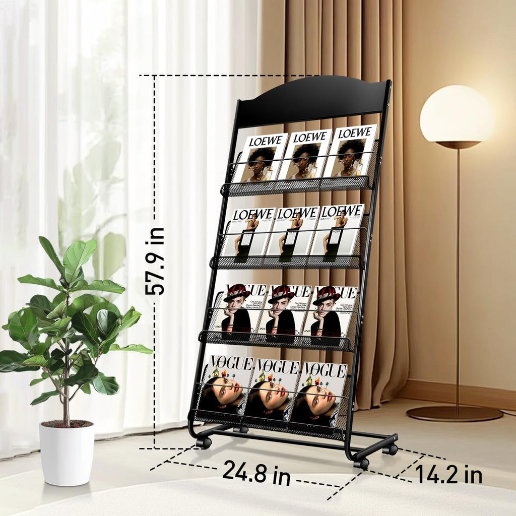 Floor-Standing Magazine Rack, 4-Layer Brochure Display Stand Tiered Design Magazine Stand Detachable Magazine Display with Casters for Exhibitions, Shopping Malls, Hospitals, Offices