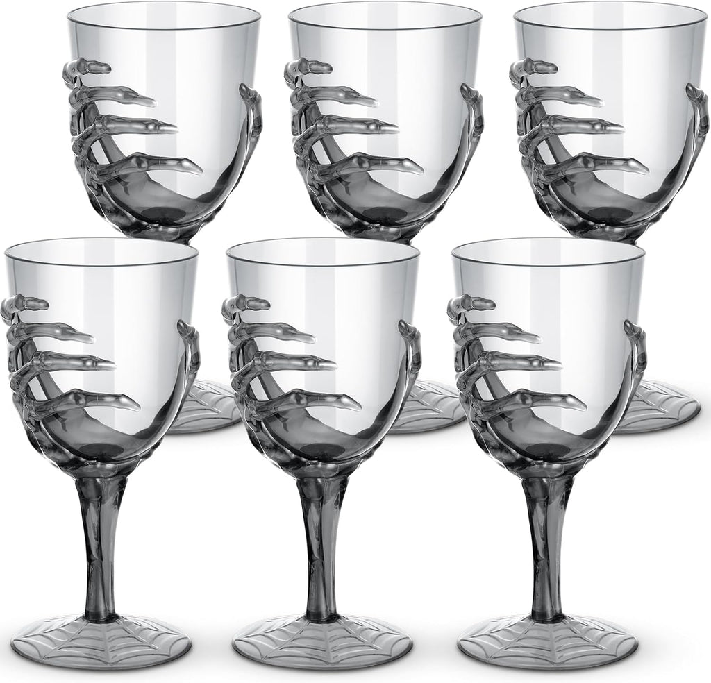 Dandat 6 Pcs Halloween Skeleton Hand Goblets 12oz Clear Plastic Halloween Cups Skull Wine Glass Set for Creepy Spooky Party Decorations (Black)