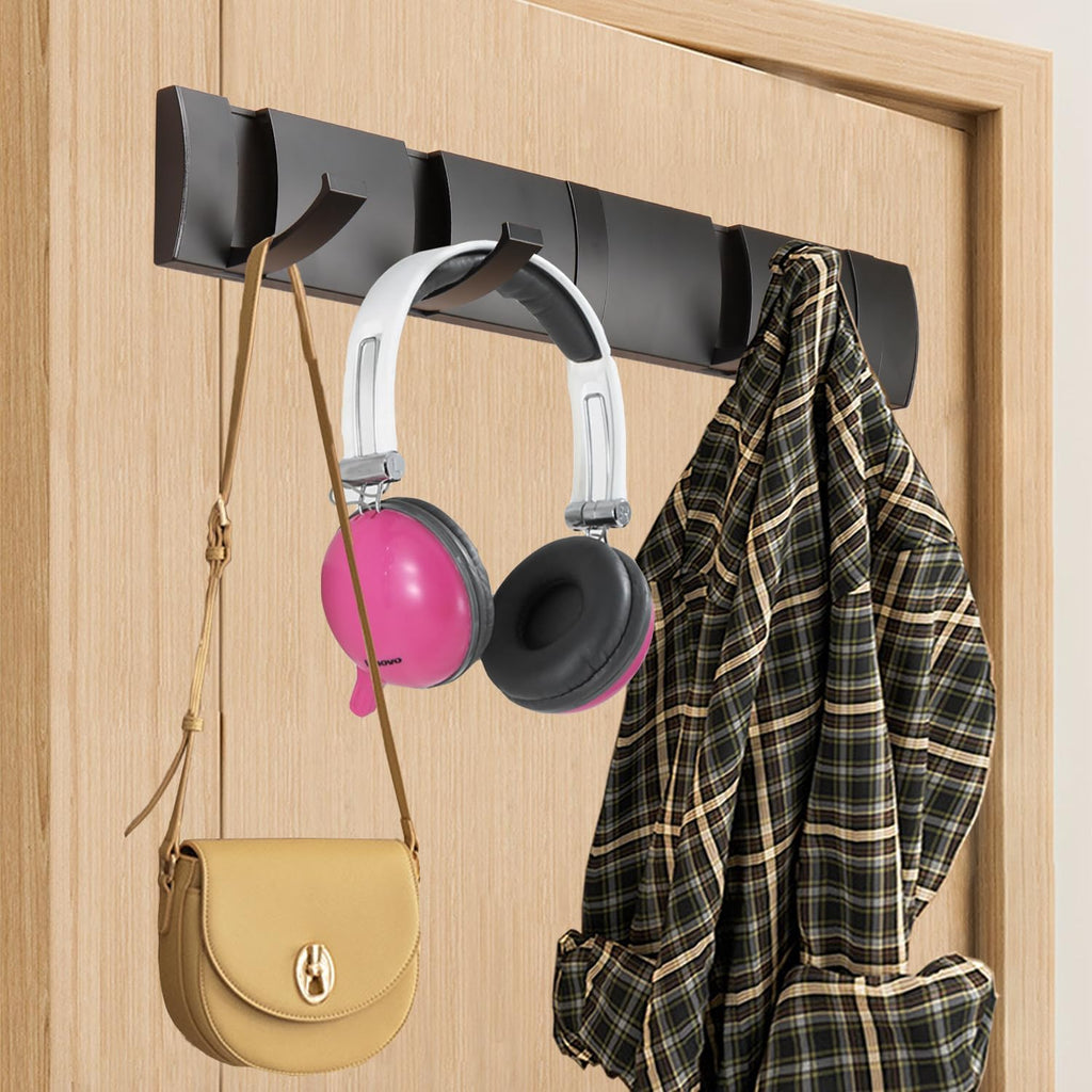Folding Coat Hooks, Wall Mounted Coat Rack with 5 Retractable Hooks, Heavy Duty Towel Rack for Bathroom Wall Hook for Hanging Clothes Bathrobe, Stainless Steel Coat Hanger for Entryway(Black)