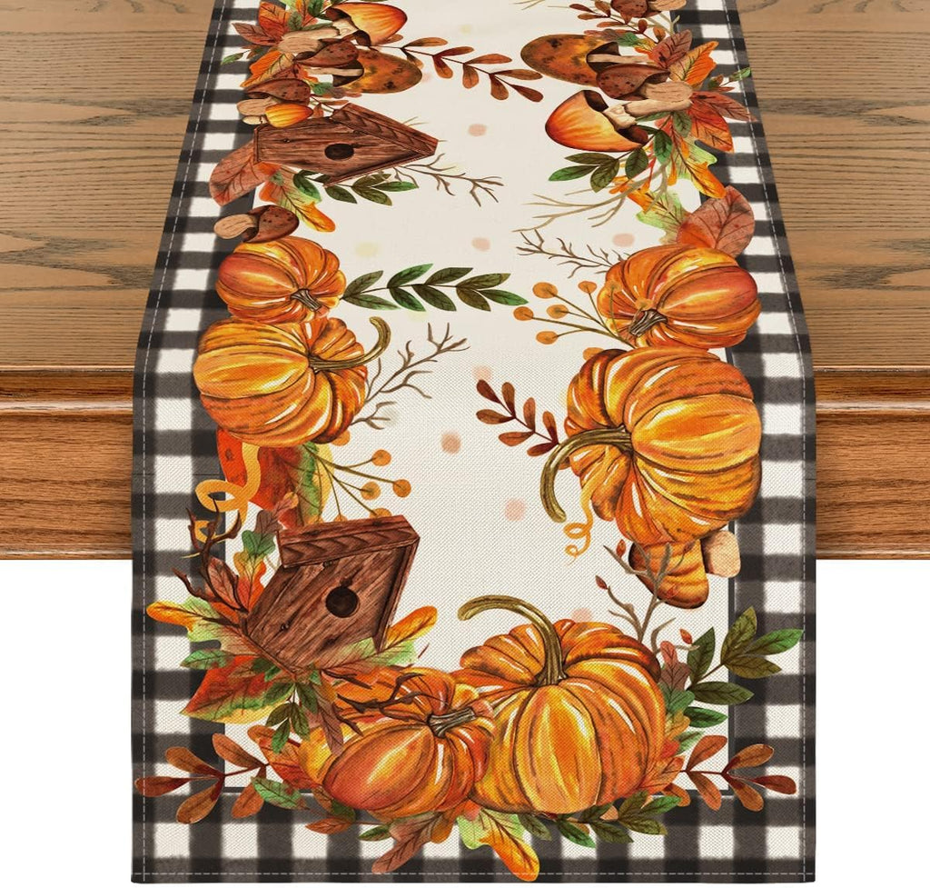 Artoid Mode Buffalo Plaid Pumpkins Mushrooms Birdhouse Leaves Table Runner, Seasonal Fall Harvest Vintage Kitchen Dining Table Decoration for Indoor Outdoor Home Party Decor 13 x 90 Inch.