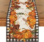 Artoid Mode Buffalo Plaid Pumpkins Mushrooms Birdhouse Leaves Table Runner, Seasonal Fall Harvest Vintage Kitchen Dining Table Decoration for Indoor Outdoor Home Party Decor 13 x 36 Inch