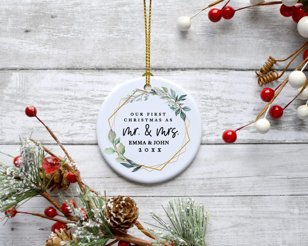 Andaz Press Personalized Our First Christmas As Mr. & Mrs. 2025 Christmas Ornaments Geometric Greenery 2.8" Round Porcelain Ceramic 1st Year Married Custom Ornament for Newlyweds Keepsake 1-Pack