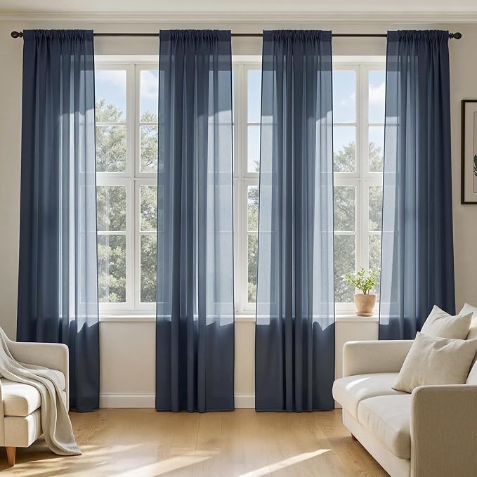 MIULEE Navy Blue Sheer Curtains 96 Inches Long 4 Panels 42 x 96 Inches | Light by MIULEE