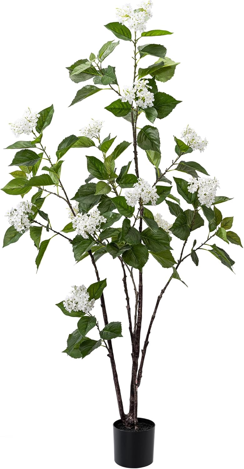 Fake Plants Home Decor Artificial Plants Outdoor Hydrangea Artificial Plants Indoor Fake Tree Living Room Decor Artificial Tree Porch Decor Fiddle Leaf Fig Tree 6Ft (White)