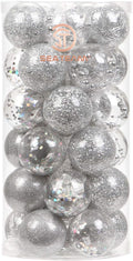 Sea Team 50mm/1.97" Shatterproof Clear Plastic Christmas Tree Ball Ornaments Set, Decorative Hanging Transparent Xmas Baubles with Stuffed Delicate Decorations (30 Counts, Silver)