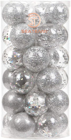 Sea Team 50mm/1.97" Shatterproof Clear Plastic Christmas Tree Ball Ornaments Set, Decorative Hanging Transparent Xmas Baubles with Stuffed Delicate Decorations (30 Counts, Silver)