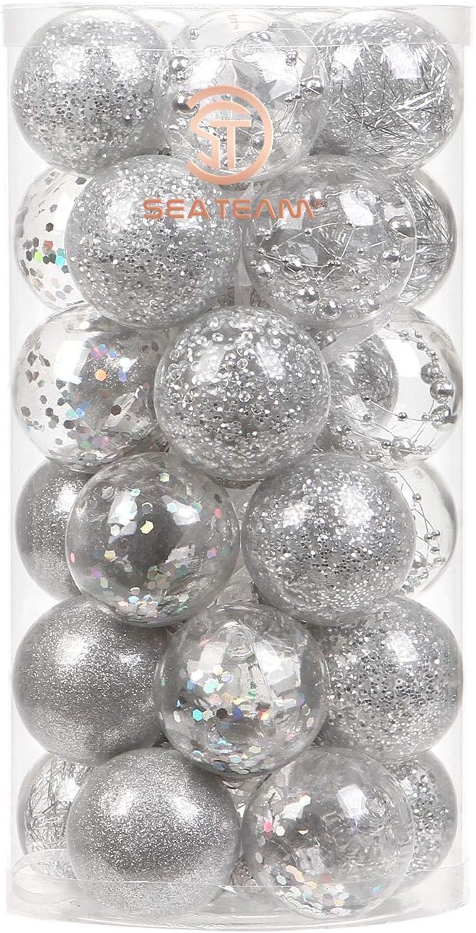 Sea Team 50mm/1.97" Shatterproof Clear Plastic Christmas Tree Ball Ornaments Set, Decorative Hanging Transparent Xmas Baubles with Stuffed Delicate Decorations (30 Counts, Silver)