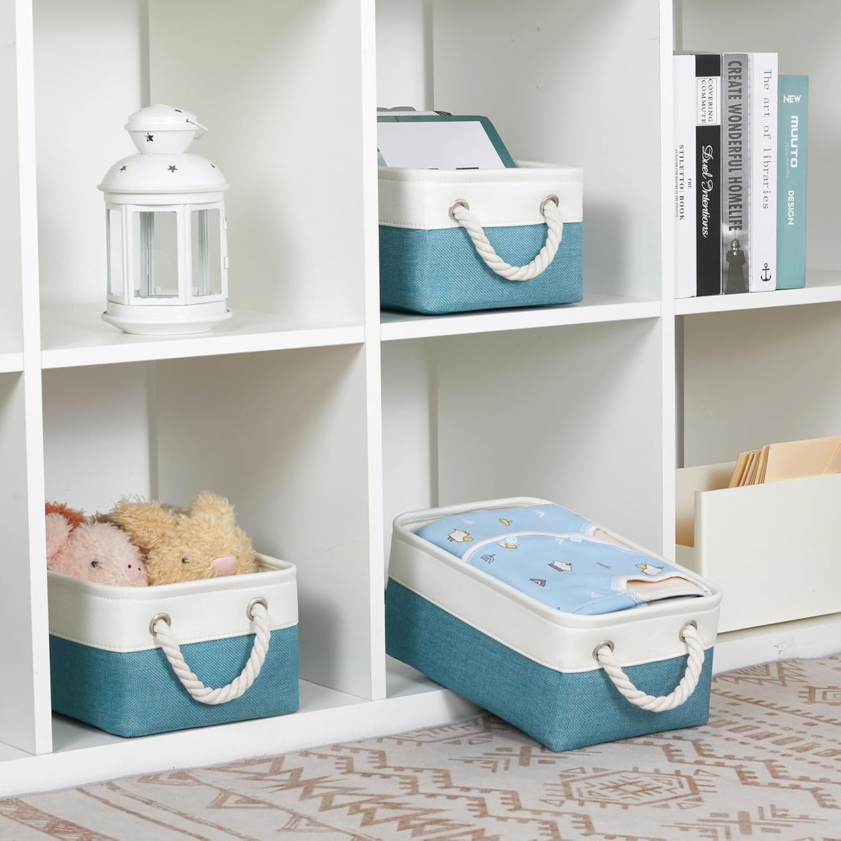 Bidtakay Small Storage Baskets for Shelves 3 Pack Fabric Storage Bins for Organizing Linen Collapsible Organizer for Closet-White&Teal