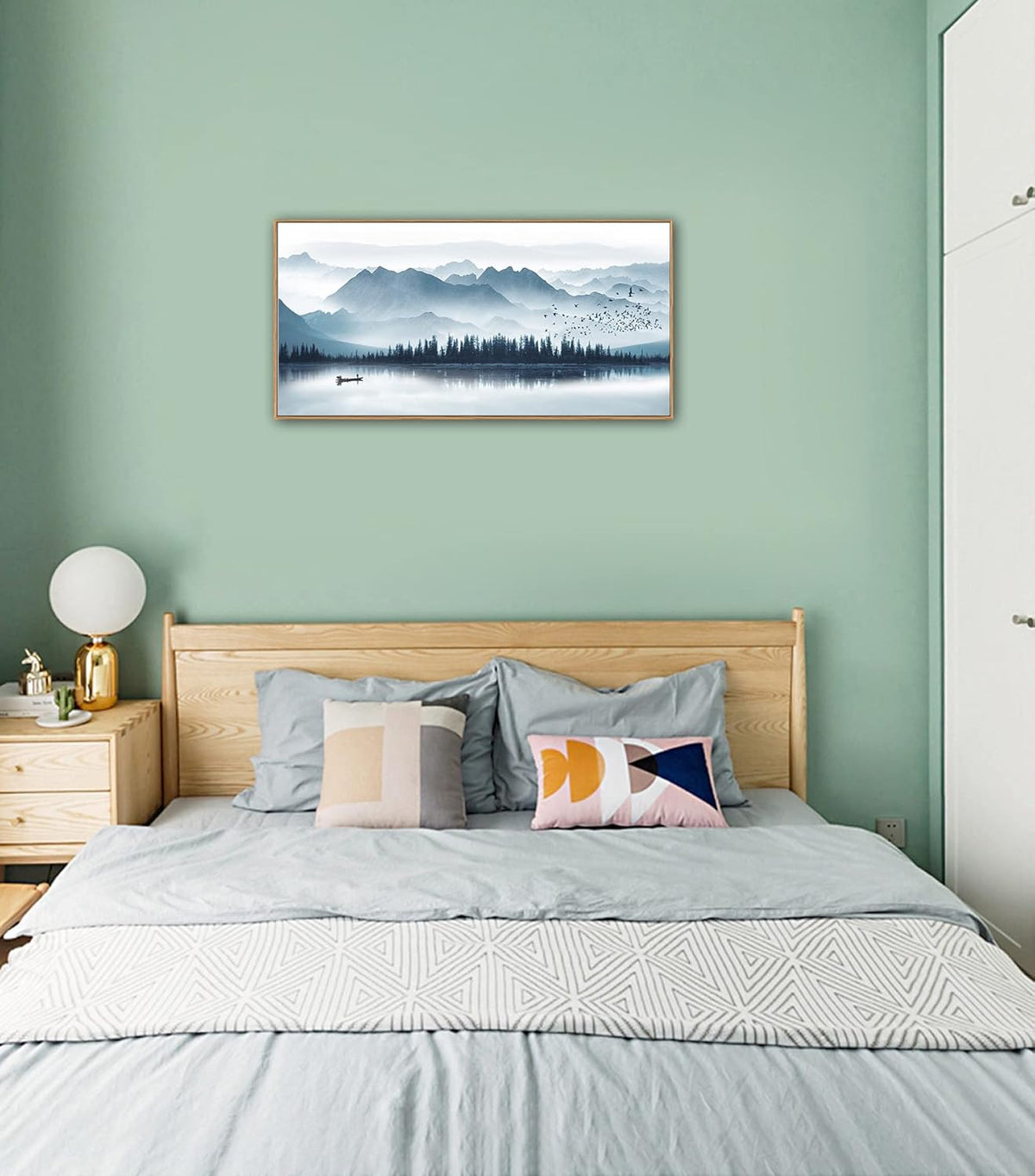 Indigo Framed Canvas Wall Art Misty Mountain Wall Pictures Foggy Lake Boat Canvas Painting Prints Forest Birds Canvas Wall Decor for Living Room Bedroom Decorations Framed 20" x 40" Natural