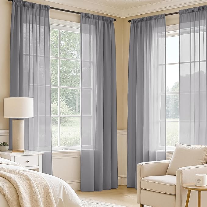 MIULEE Dark Grey Sheer Curtains 96 Inches Long 4 Panels 42 x 96 Inches | Light - Image 2
