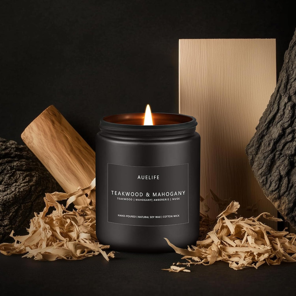 Teakwood & Mahogany Candle | Masculine Candles for Men, Gifts for Men - Soy Candle for Home Scented - Scented Candles for Home, Aromatherapy Gifts Long Lasting Burn Time - 7oz Black Jar