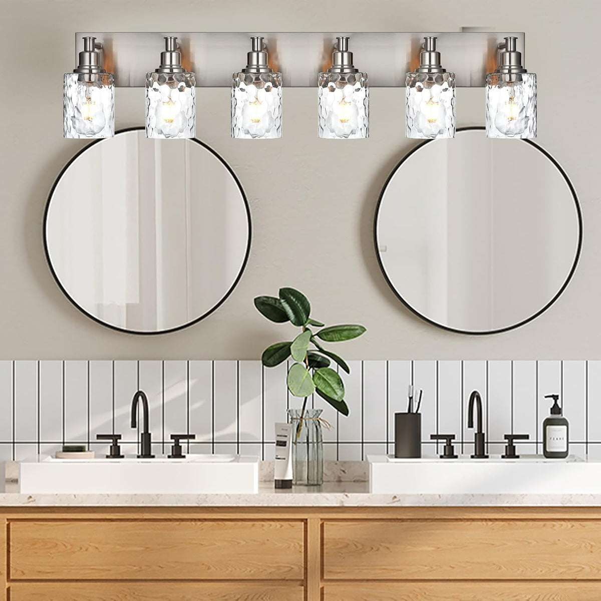 BONLICHT Vanity Light Fixture Brushed Nickel 6-Light Modern Farmhouse Wall Sconce Bathroom Lighting with Hammered Glass Industrial Wall Mount Lights for Kitchen Dining Room Cabinet Corridor