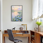 The hydrangea scenery all over the lake at sunset is suitable for posting in the living room bedroom office landscape poster wall painting