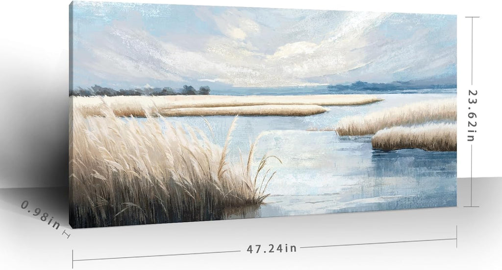 amatop Large Coastal Wall Art Abstract Landscape Beach Ocean Marsh Canvas Print Calming Soft Blue and Beige Wetland Picture Minimalist Neutral Nature Artwork for Bedroom Living Room Office 48x24