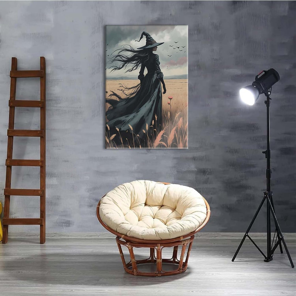 Gothic Decor Canvas Wall Art Witch in Rice Field Halloween Art Decor Print Nature Print Victorian Home Bedroom12x16in Wood Framed