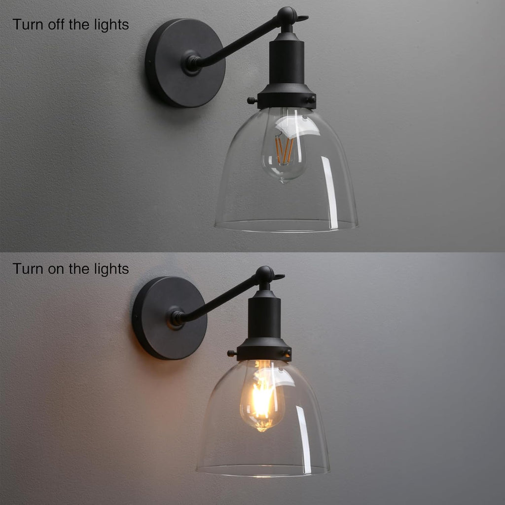 PERMO Industrial Vintage Sconces Slope Pole Single Sconce with 6.7" Oval Dome Clear Glass Shade Matte Black Wall Sconce Wall Mount Light Fixture for Bathroom Bedroom Entryway Home Office Kitchen