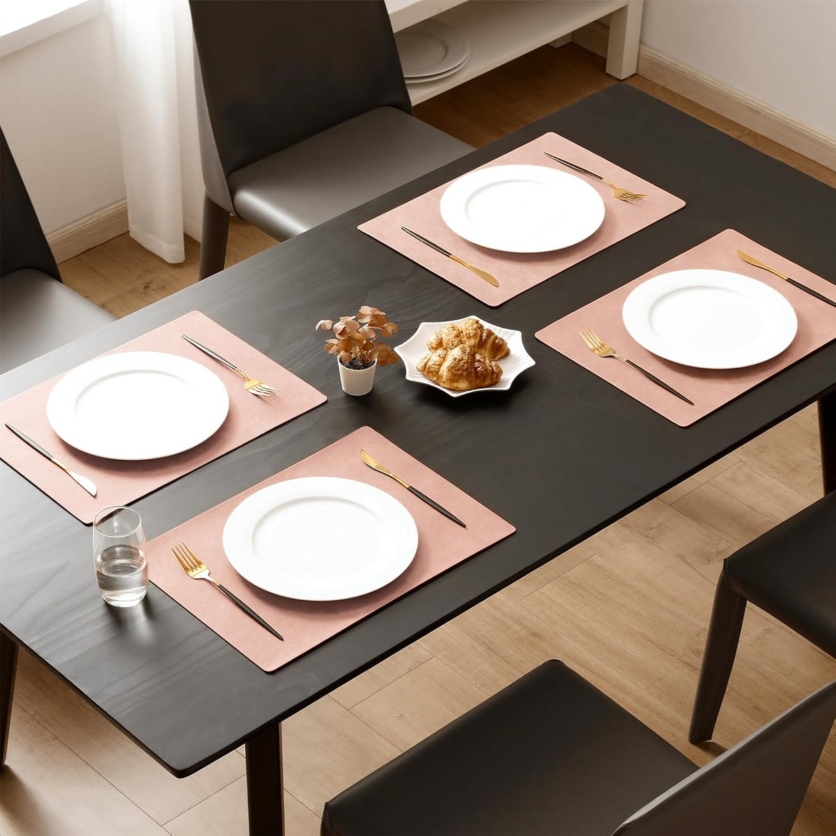 MOSAYT Vinyl Placemats Set of 6-12 X 17 Inch - Faux Leather 100% Waterproof Oil-Proof Wipeable PU Place Mats, Heat Resistant Reversible Table Mats for Kitchen, Dining, Outdoor (Pink)