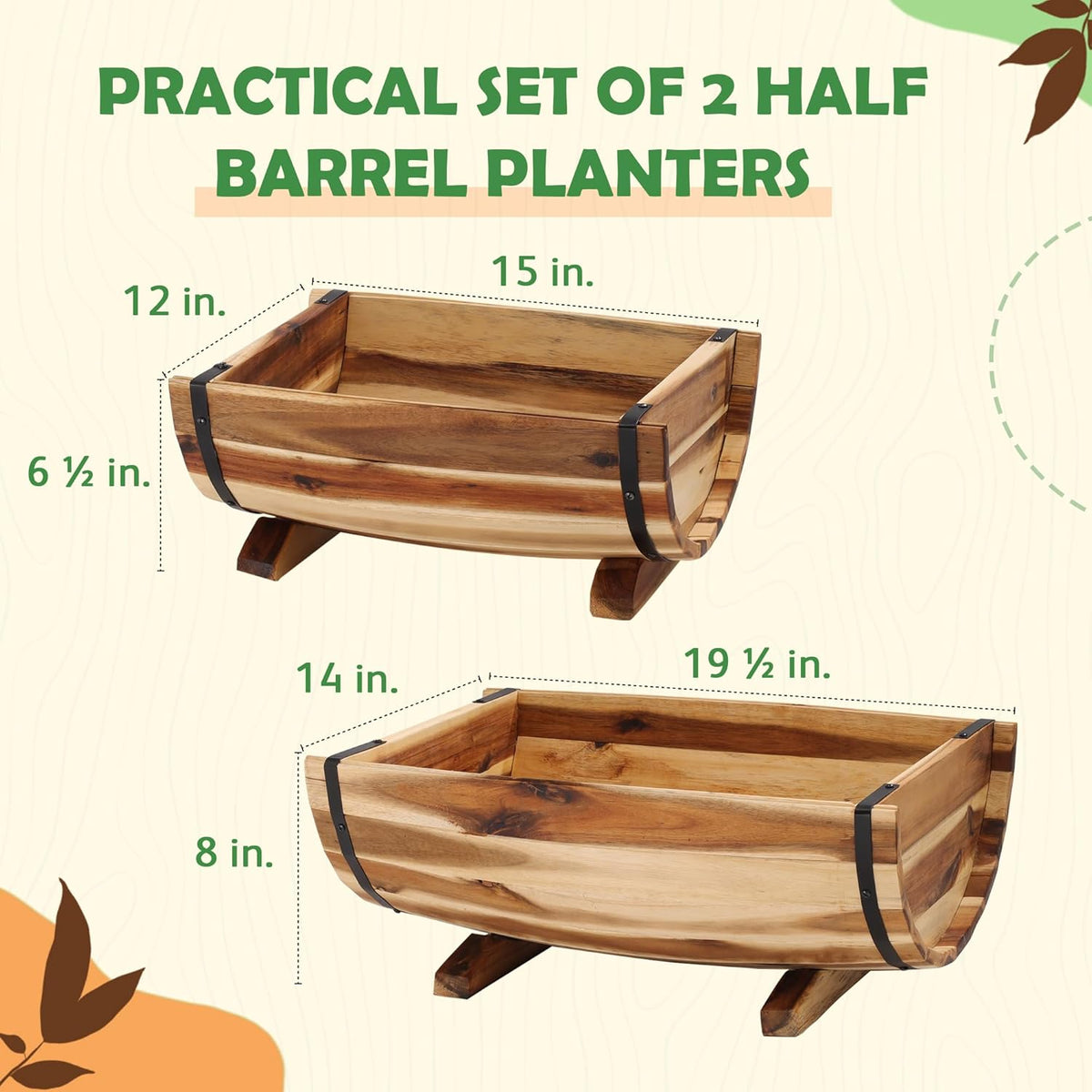 IDZO Solid Acacia Wood Half Barrel Planters Outdoor Set of 2 Different Sizes, Wooden Planters for Outdoor Plants with Metal Bands & Drainage Holes, Legs Included, Natural