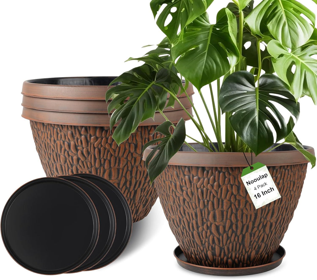 16 Inch Large Outdoor Plant Pot, 4 Pack Thickened Flower Pots with Drainage Holes & Saucer, Pebbles Pattern Design Tree Planters Outdoor for Garden Porch Home