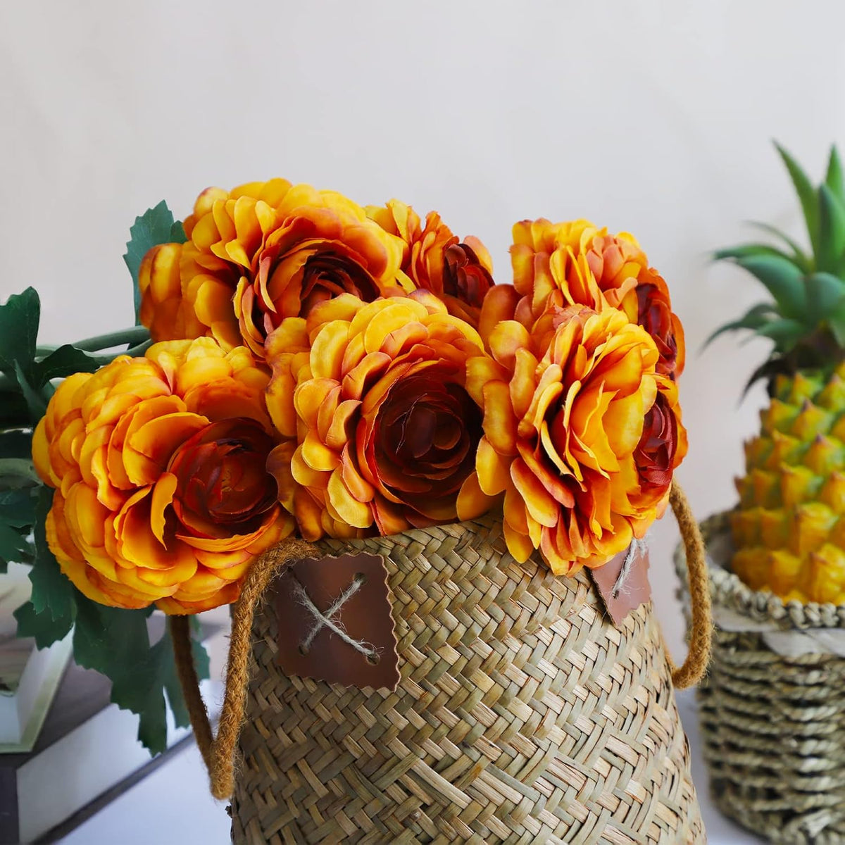 Artificial Flowers Ranunculus Long Stem Buttercup Silk Flowers 6 pcs for Home Decor and Wedding Decorations(Burnt Orange)